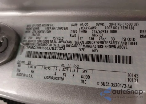 2020 Ford Escape Sel from USA, damaged, VIN 1FMCU9H66LUB21378